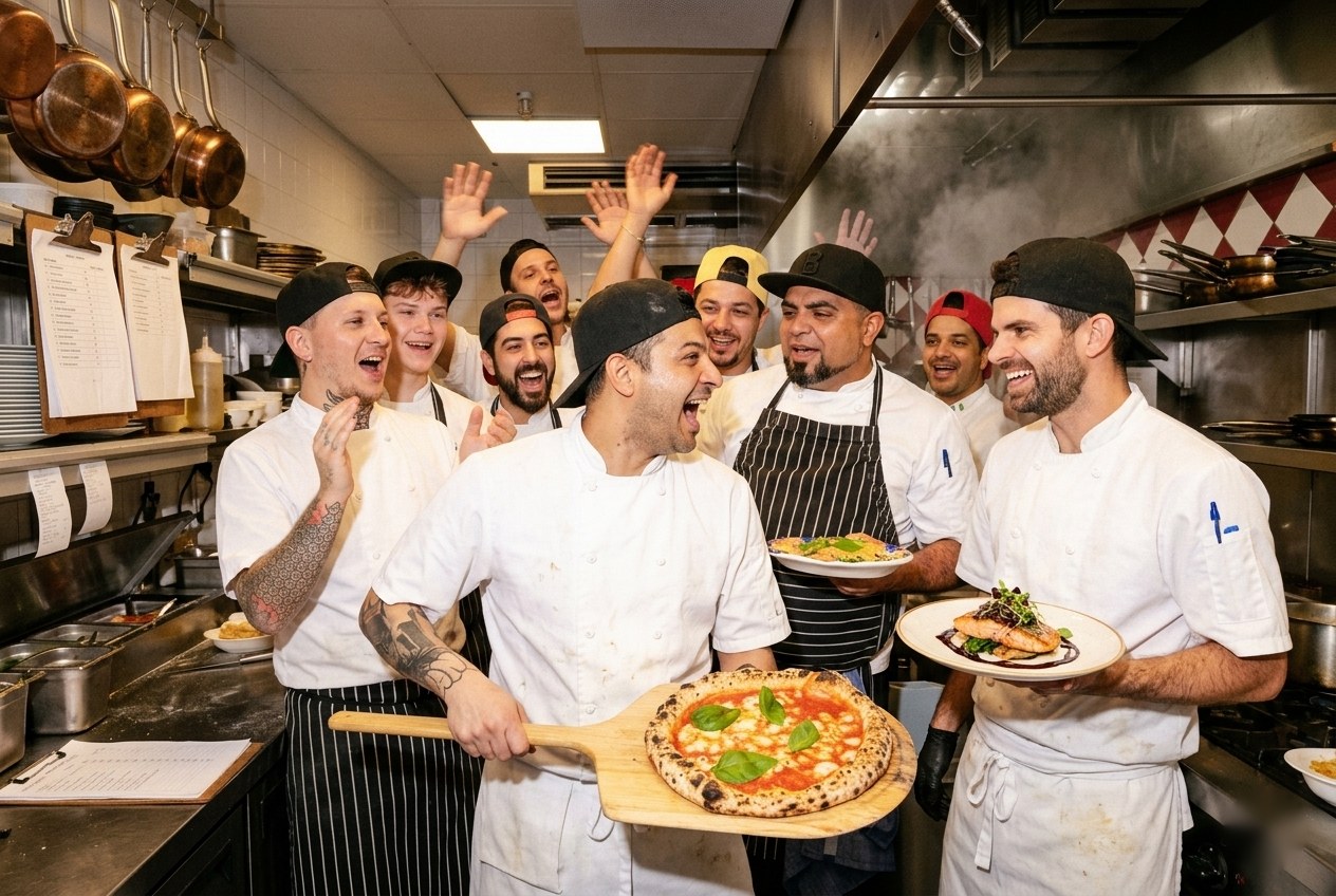 A Nashville restaurant kitchen crew celebrating a dish they just sent out