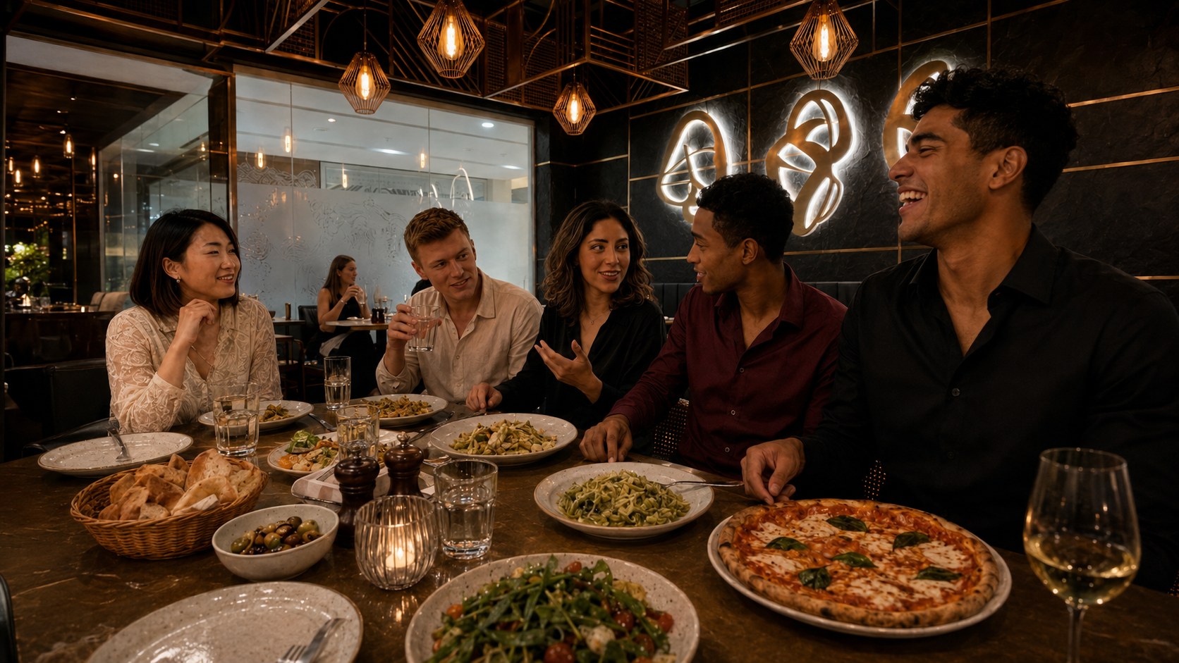A long candlelit table of friends sharing dinner at a Nashville restaurant